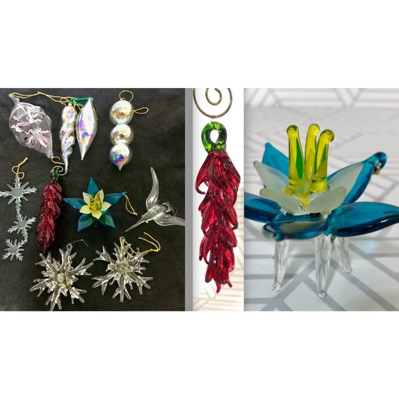 Vintage Lot of 10 Blown Glass Bird Pepper Flower Christmas Ornaments - Picture 2 of 14